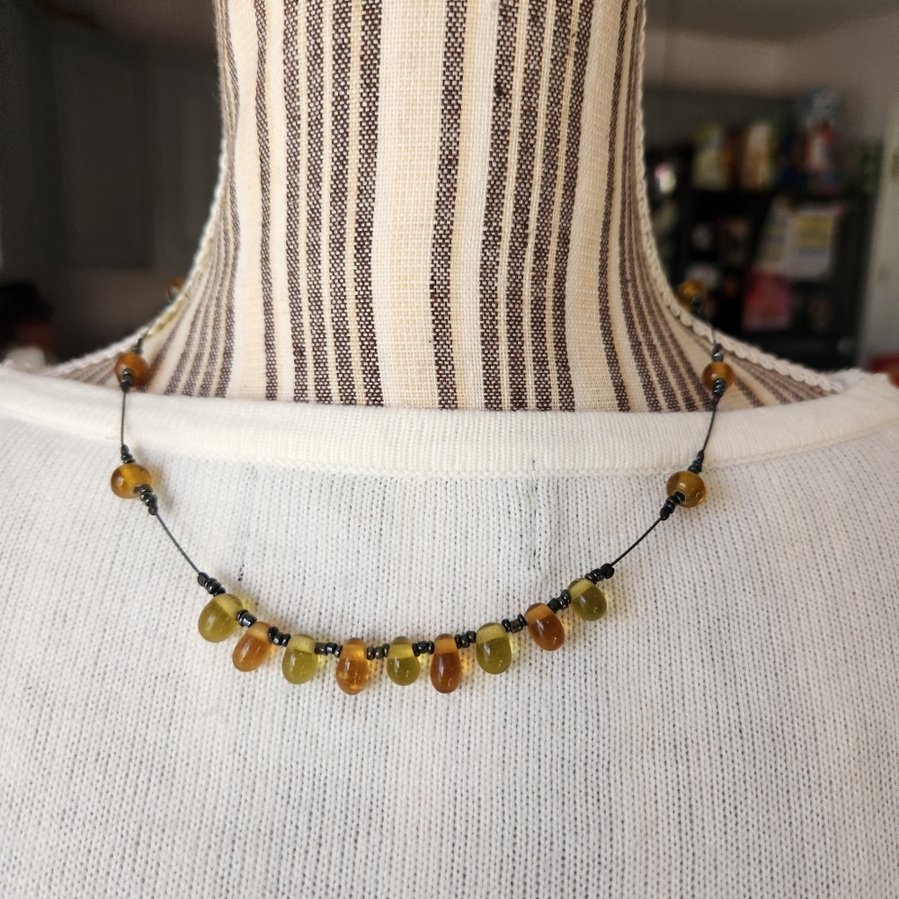 Designer Brass Colored Necklace w/ Amber Beads Adjustable Lobster Claw Clasp